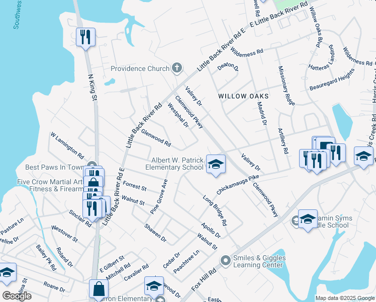 map of restaurants, bars, coffee shops, grocery stores, and more near 146 Glenwood Road in Hampton