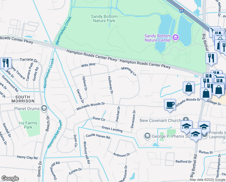 map of restaurants, bars, coffee shops, grocery stores, and more near 14 Holloway Drive in Hampton