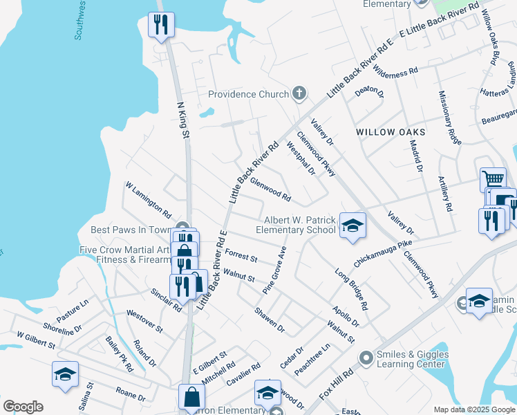 map of restaurants, bars, coffee shops, grocery stores, and more near 405 Calvert Street in Hampton