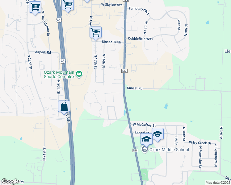 map of restaurants, bars, coffee shops, grocery stores, and more near 1408-1414 Frosty Drive in Ozark
