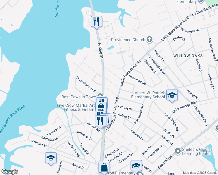 map of restaurants, bars, coffee shops, grocery stores, and more near 5 Kingslee Lane in Hampton