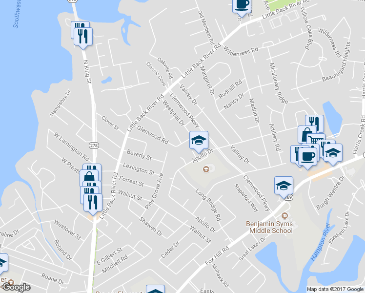 map of restaurants, bars, coffee shops, grocery stores, and more near 146 Glenwood Road in Hampton