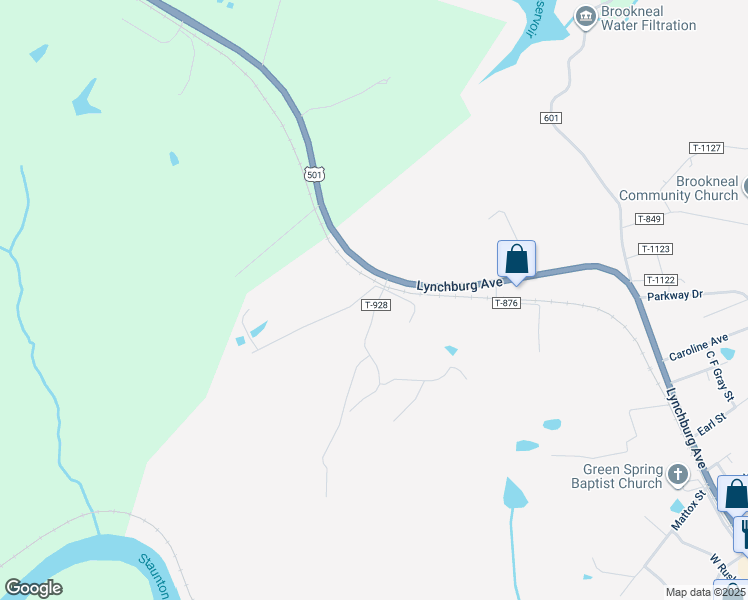 map of restaurants, bars, coffee shops, grocery stores, and more near 110 Booker Road in Brookneal