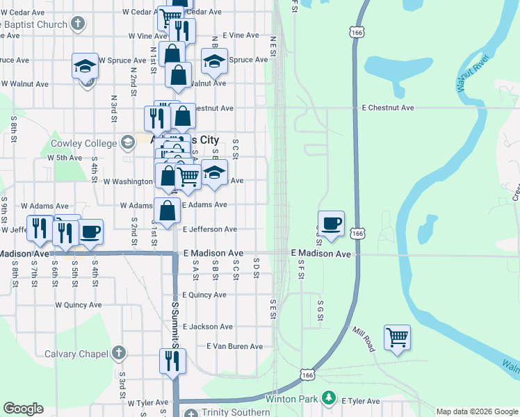 map of restaurants, bars, coffee shops, grocery stores, and more near 500-598 East Adams Avenue in Arkansas City