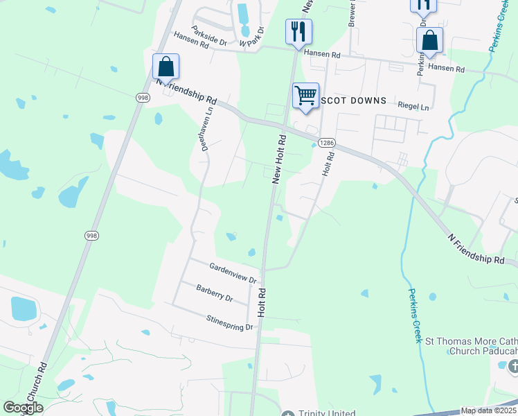 map of restaurants, bars, coffee shops, grocery stores, and more near 2121 New Holt Road in Paducah