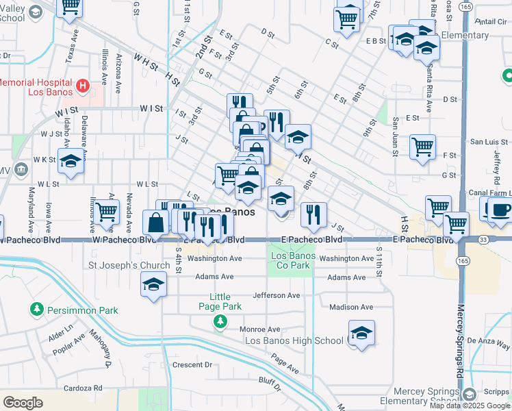 map of restaurants, bars, coffee shops, grocery stores, and more near 659 K Street in Los Banos