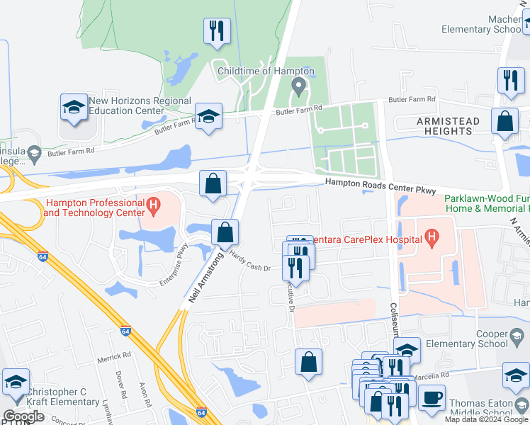 map of restaurants, bars, coffee shops, grocery stores, and more near 1531 Paul Jack Drive in Hampton