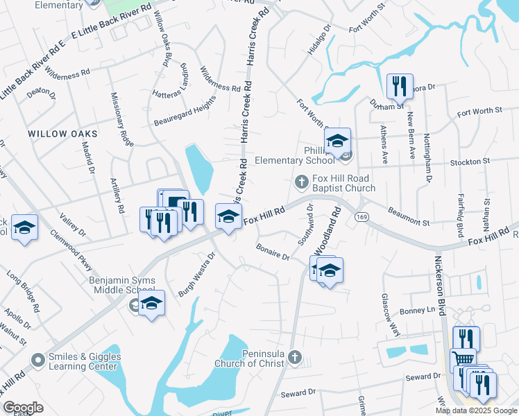 map of restaurants, bars, coffee shops, grocery stores, and more near 14 Harris Creek Road in Hampton