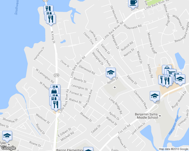 map of restaurants, bars, coffee shops, grocery stores, and more near 129 Rosewood Drive in Hampton