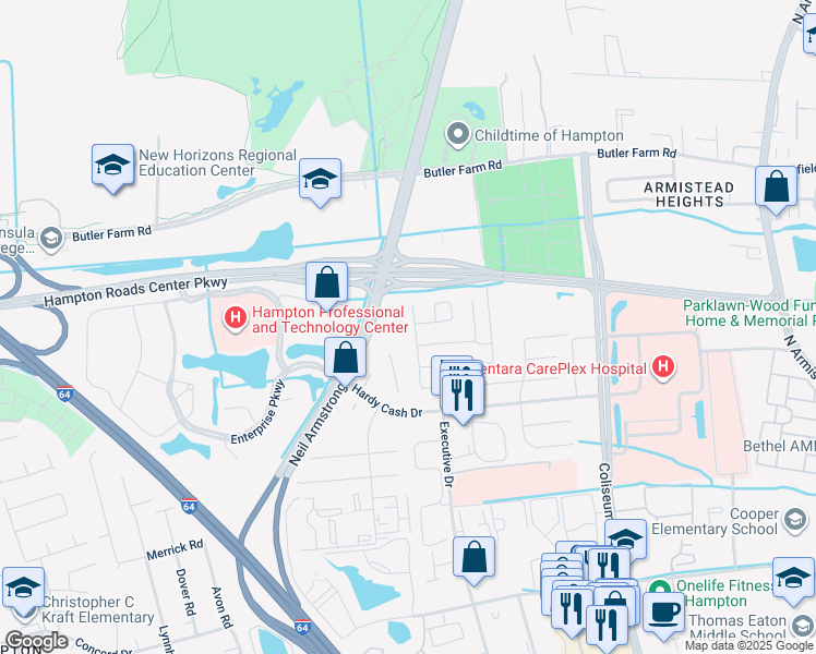 map of restaurants, bars, coffee shops, grocery stores, and more near 1531 Paul Jack Drive in Hampton
