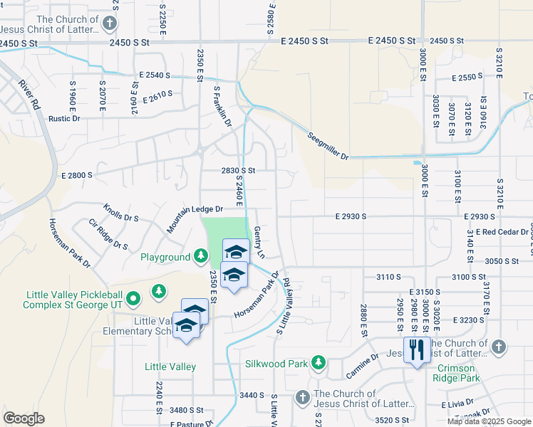 map of restaurants, bars, coffee shops, grocery stores, and more near 2442 East Mountain Ledge Circle in St. George