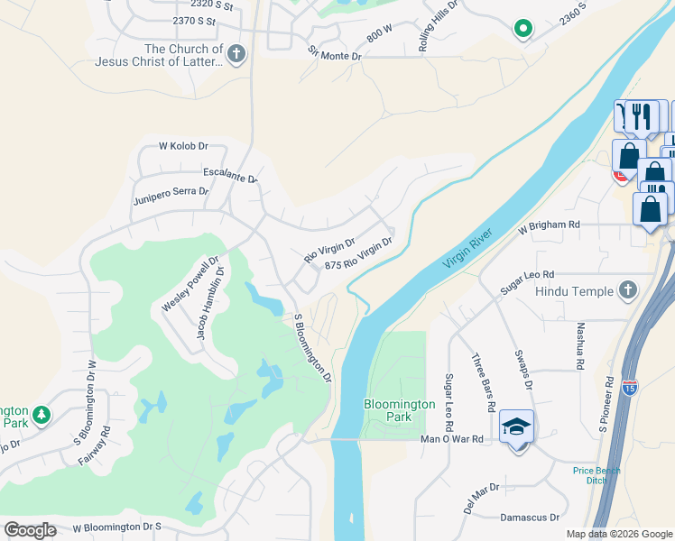 map of restaurants, bars, coffee shops, grocery stores, and more near 875 Rio Virgin Drive in St. George