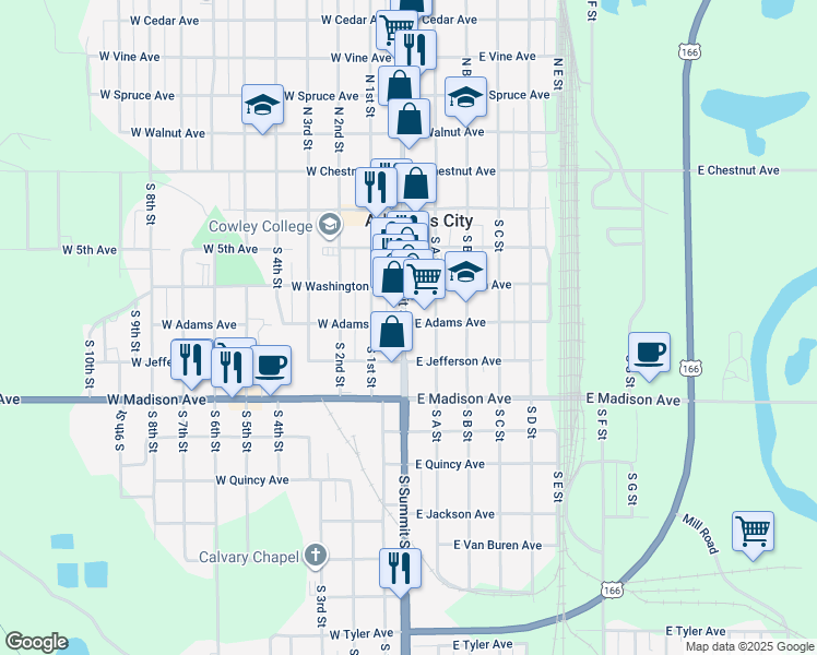 map of restaurants, bars, coffee shops, grocery stores, and more near 101 East Adams Avenue in Arkansas City