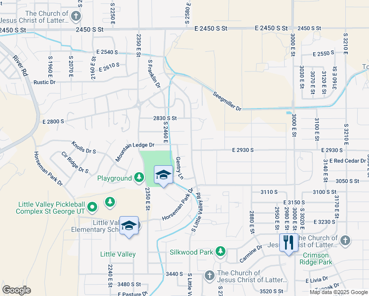 map of restaurants, bars, coffee shops, grocery stores, and more near 2442 East Mountain Ledge Circle in St. George