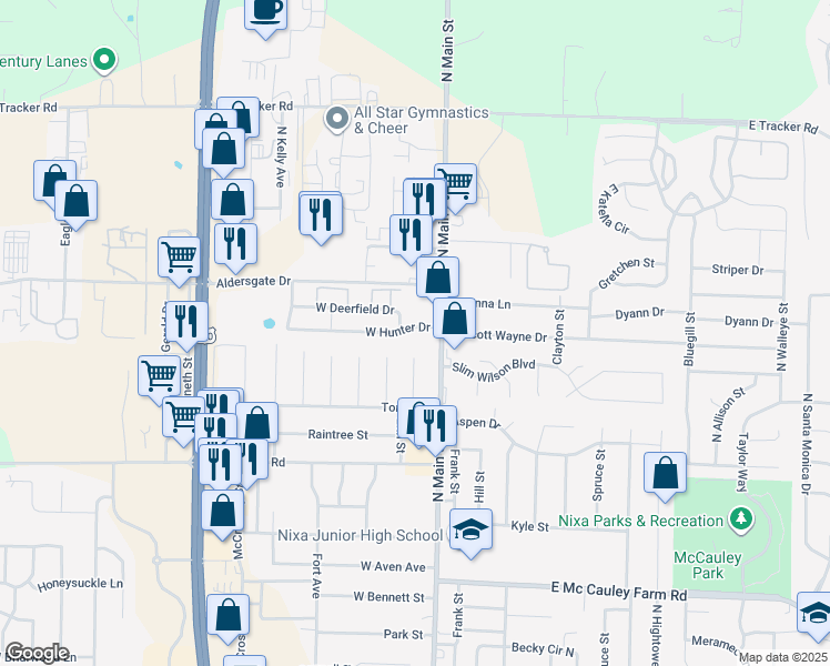 map of restaurants, bars, coffee shops, grocery stores, and more near 108 West Hunter Drive in Nixa