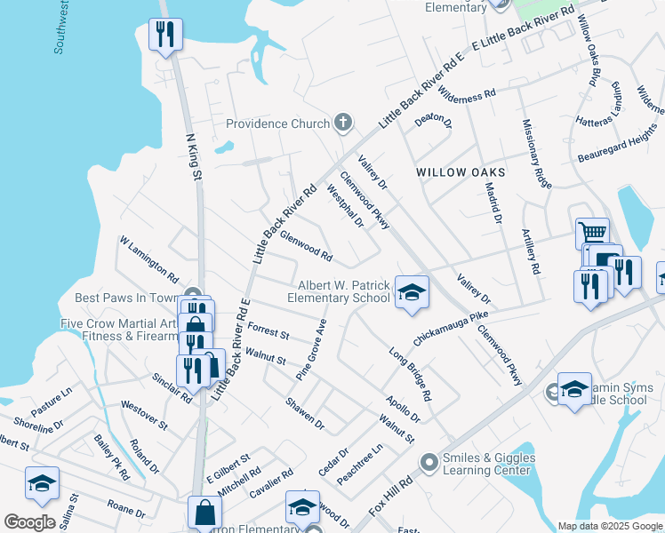 map of restaurants, bars, coffee shops, grocery stores, and more near 132 Glenwood Road in Hampton