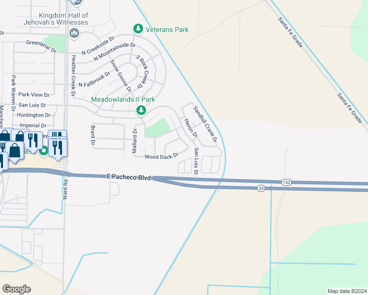 map of restaurants, bars, coffee shops, grocery stores, and more near 748 Widgeon Drive in Los Banos