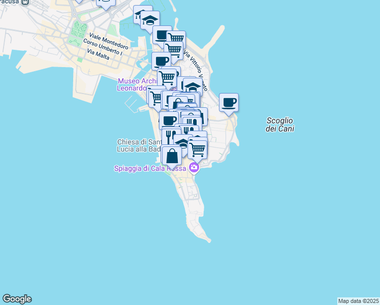 map of restaurants, bars, coffee shops, grocery stores, and more near 2 Via delle Vergini in Siracusa