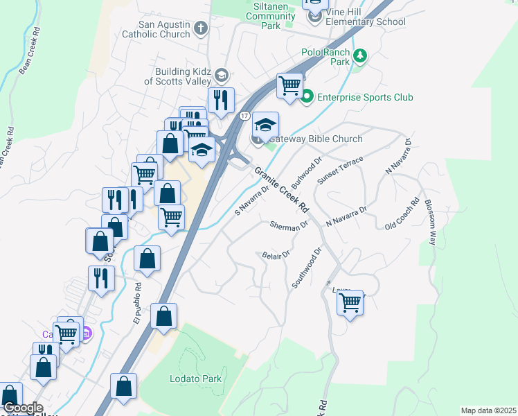 map of restaurants, bars, coffee shops, grocery stores, and more near 18 Sherman Court in Scotts Valley