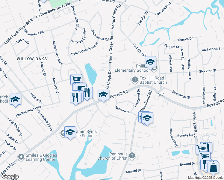 map of restaurants, bars, coffee shops, grocery stores, and more near 12 Harris Creek Road in Hampton