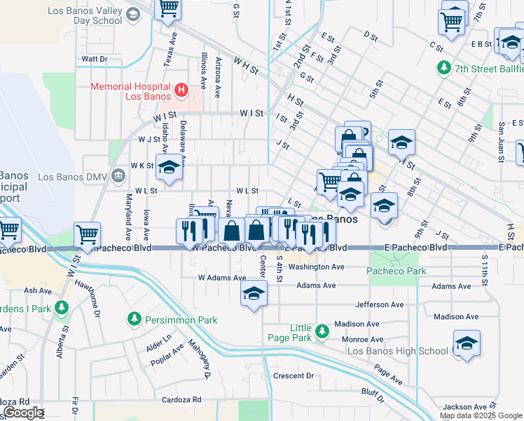 map of restaurants, bars, coffee shops, grocery stores, and more near 1215 4th Street in Los Banos