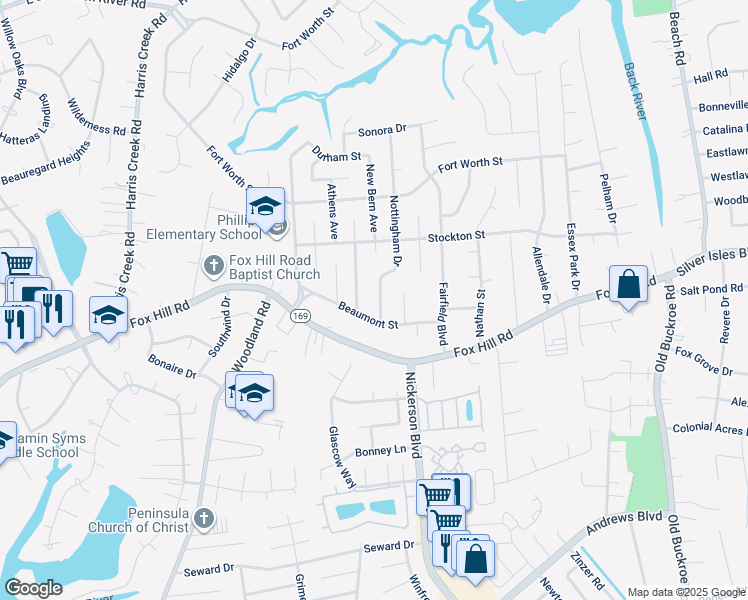 map of restaurants, bars, coffee shops, grocery stores, and more near 622 Nottingham Drive in Hampton
