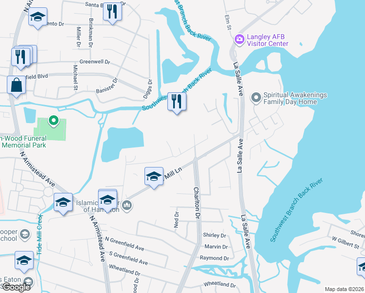 map of restaurants, bars, coffee shops, grocery stores, and more near 804 Loura Court in Hampton