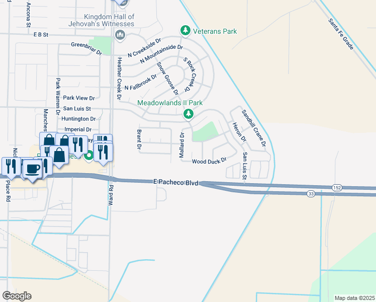map of restaurants, bars, coffee shops, grocery stores, and more near 727 Ruddy Court in Los Banos
