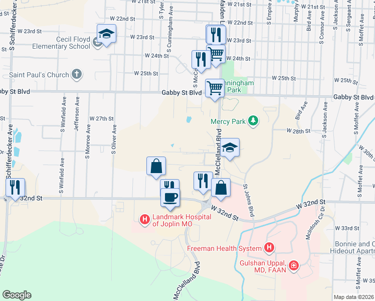 map of restaurants, bars, coffee shops, grocery stores, and more near 2918 McClelland Boulevard in Joplin