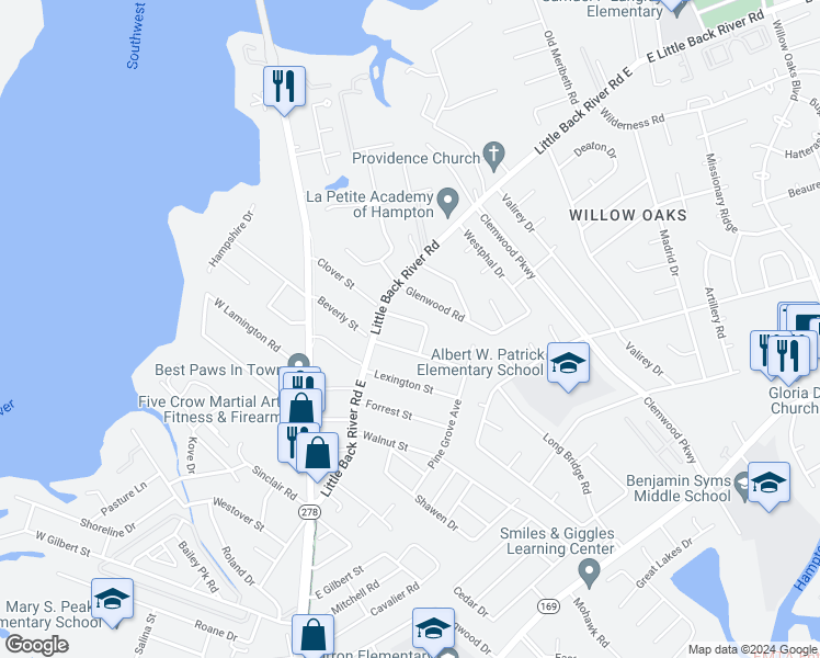 map of restaurants, bars, coffee shops, grocery stores, and more near 110 Clover Street in Hampton