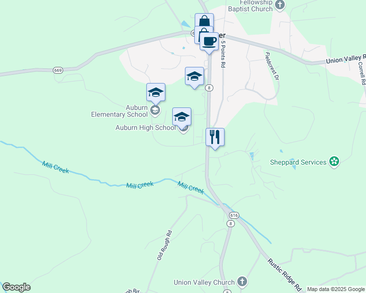 map of restaurants, bars, coffee shops, grocery stores, and more near 1650 Auburn School Drive in Riner