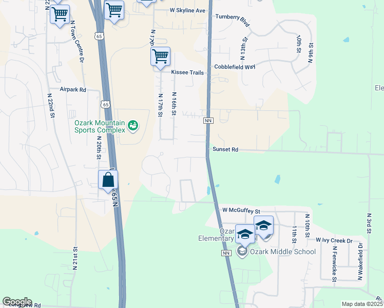 map of restaurants, bars, coffee shops, grocery stores, and more near 1414 Frosty Drive in Ozark