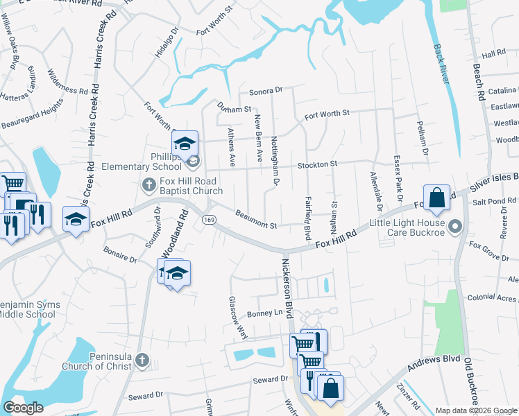 map of restaurants, bars, coffee shops, grocery stores, and more near 622 Nottingham Drive in Hampton
