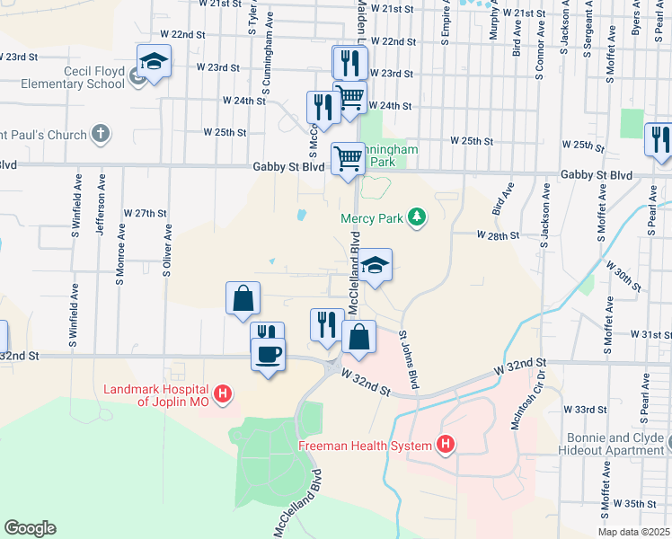map of restaurants, bars, coffee shops, grocery stores, and more near 2910 McClelland Boulevard in Joplin