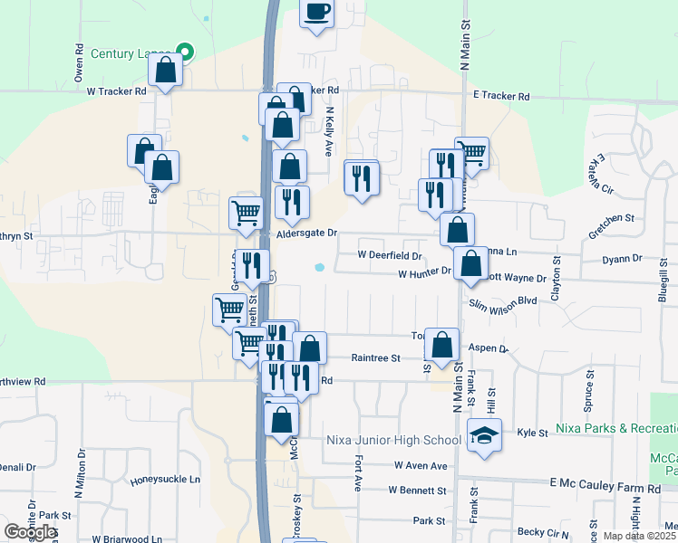 map of restaurants, bars, coffee shops, grocery stores, and more near 309 West Hunter Drive in Nixa