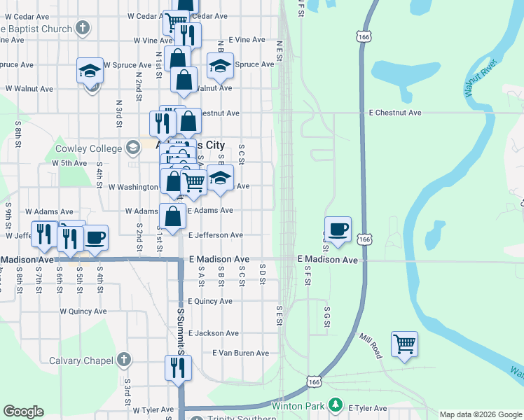 map of restaurants, bars, coffee shops, grocery stores, and more near 500 East Adams Avenue in Arkansas City