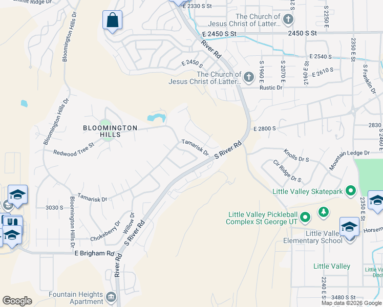 map of restaurants, bars, coffee shops, grocery stores, and more near 3043 South Sweetgum Circle in St. George