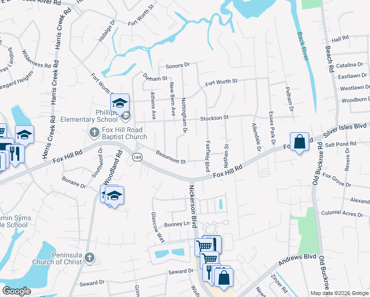 map of restaurants, bars, coffee shops, grocery stores, and more near 622 Nottingham Drive in Hampton
