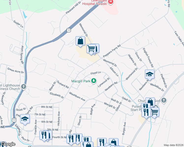 map of restaurants, bars, coffee shops, grocery stores, and more near Floyd Lane in Pulaski