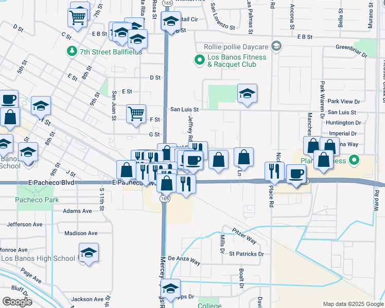 map of restaurants, bars, coffee shops, grocery stores, and more near 1445 Canal Farm Lane in Los Banos