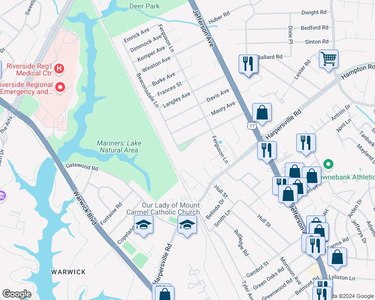 map of restaurants, bars, coffee shops, grocery stores, and more near 4 Newport Avenue in Newport News