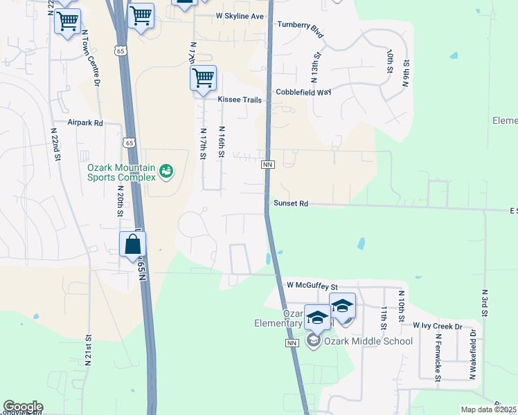 map of restaurants, bars, coffee shops, grocery stores, and more near 1408-1414 Frosty Drive in Ozark