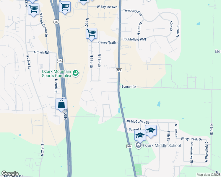 map of restaurants, bars, coffee shops, grocery stores, and more near 1408-1414 Frosty Drive in Ozark