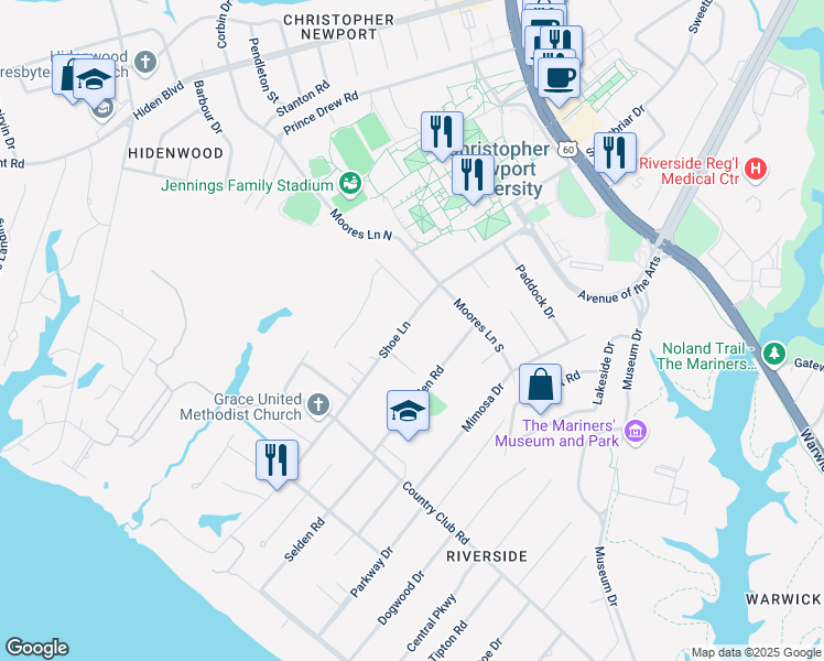 map of restaurants, bars, coffee shops, grocery stores, and more near 115 Shoe Lane in Newport News