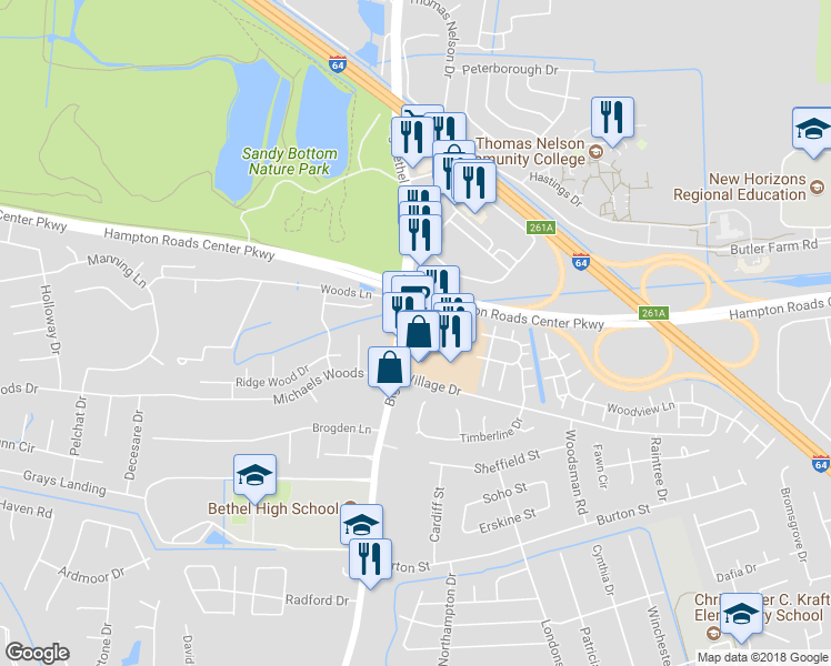 map of restaurants, bars, coffee shops, grocery stores, and more near 1196 Big Bethel Rd in Hampton