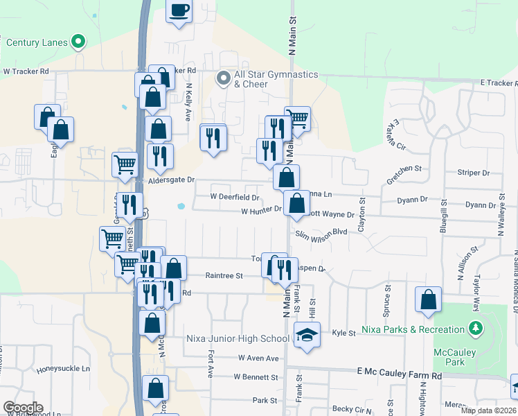 map of restaurants, bars, coffee shops, grocery stores, and more near 108 West Hunter Drive in Nixa