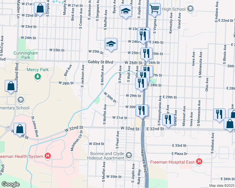 map of restaurants, bars, coffee shops, grocery stores, and more near 2827 S Pearl Ave in Joplin