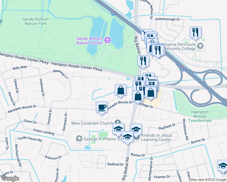 map of restaurants, bars, coffee shops, grocery stores, and more near 43 Hollis Wood Drive in Hampton