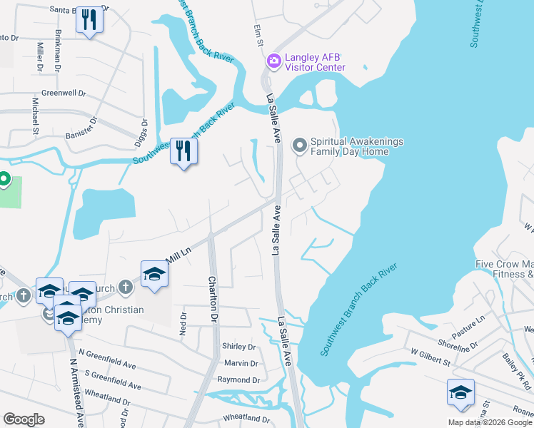 map of restaurants, bars, coffee shops, grocery stores, and more near 92 Tide Mill Lane in Hampton