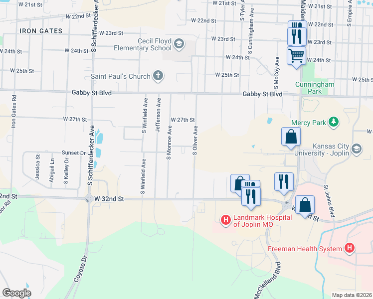 map of restaurants, bars, coffee shops, grocery stores, and more near 2214 West 29th Street in Joplin